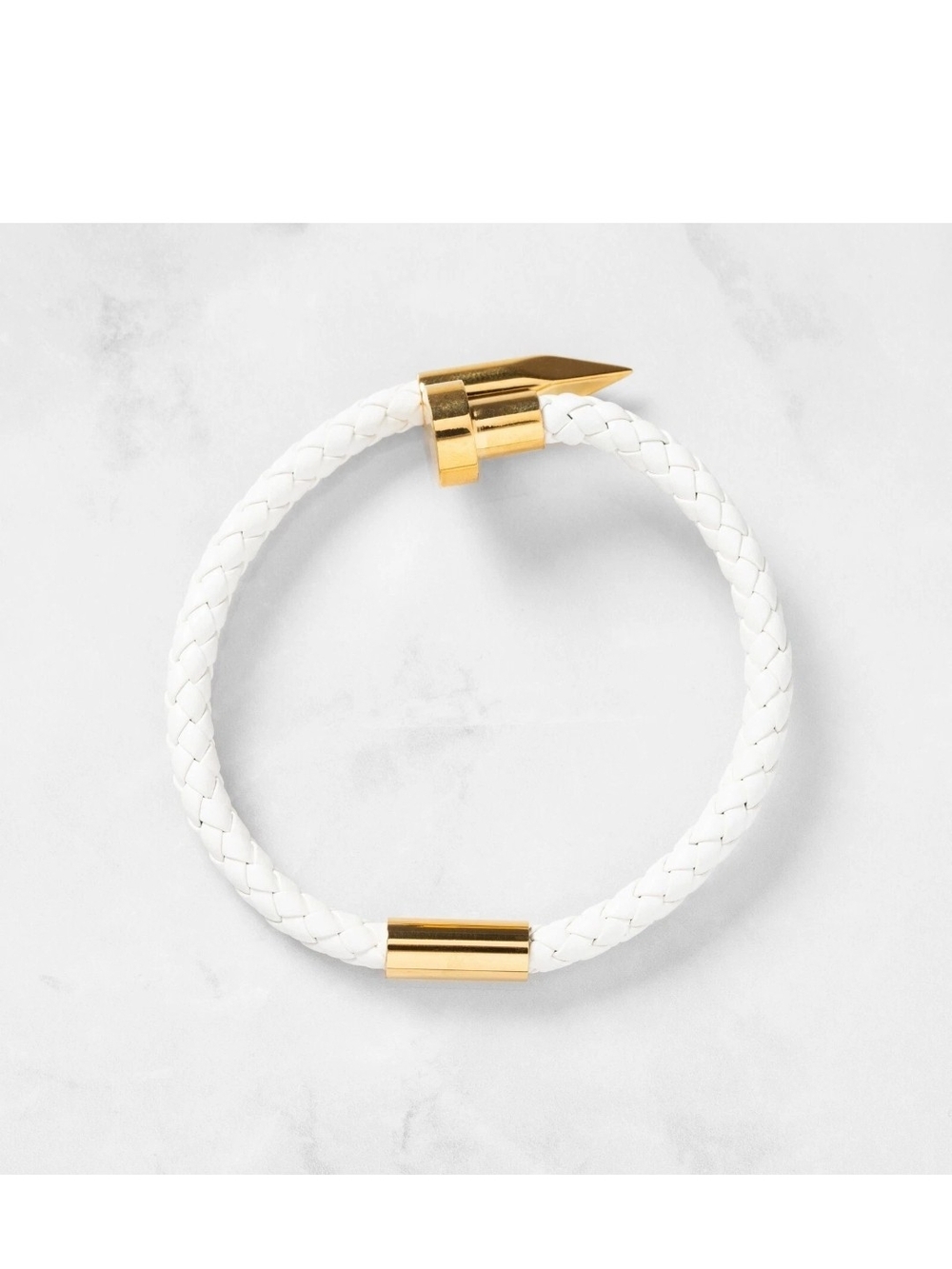 Braided White Vegan Leather Bracelet with Gold Accent And Easy Magnet Closure